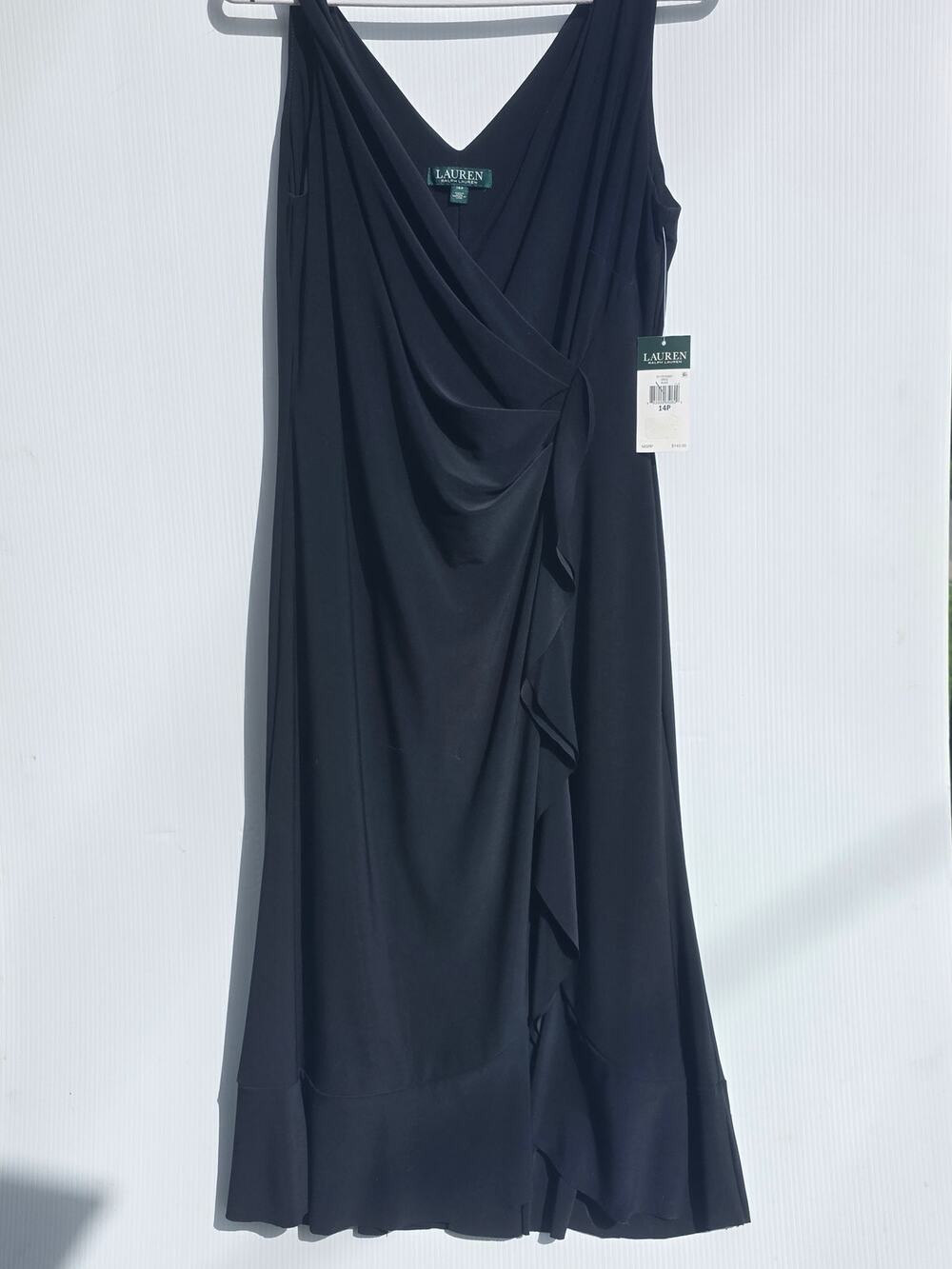 NWT Lauren Ralph Lauren Black Ruffled Surplice Evening Dress Sz 14P Elegant Chic